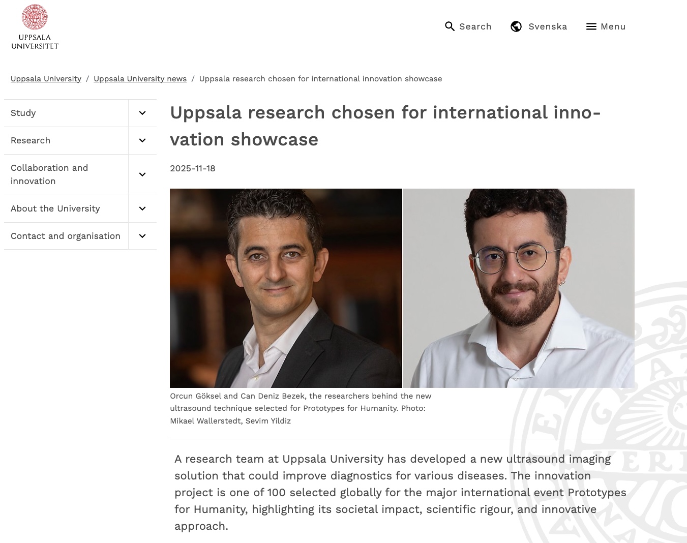 Screenshot of the Uppsala University news article about sound-speed ultrasound